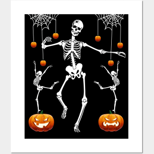 DANCING SKELETONS WITH HALLOWEEN PUMPKINS AND SPIDERS Posters and Art